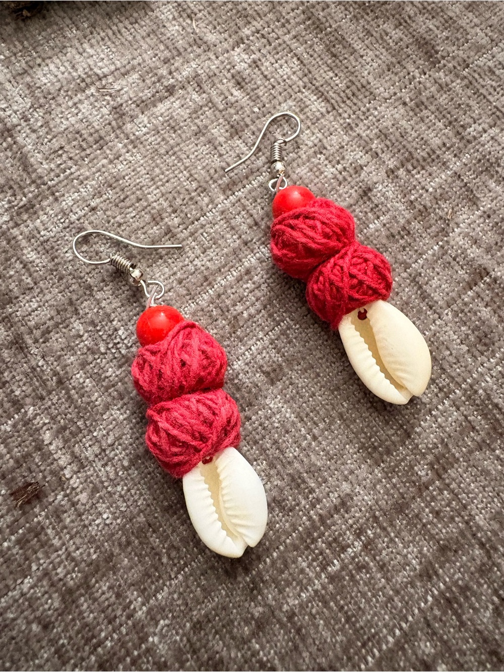 Red Cowrie Drop Earrings with Yarn Beads - Women Jewelry